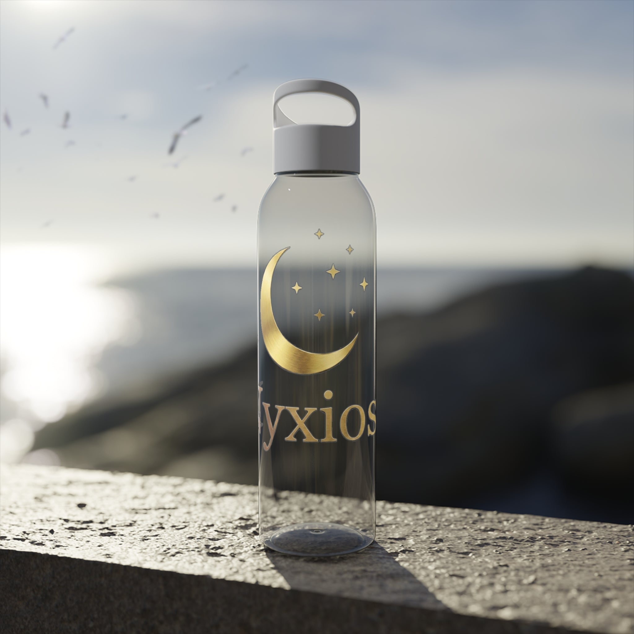 Celestial Moon Water Bottle — Gold Crescent Night Sky Design